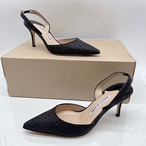 Manolo Blahnik Carolyne Low Heel Women's Slingback Pumps Black Glitter EU 36.5